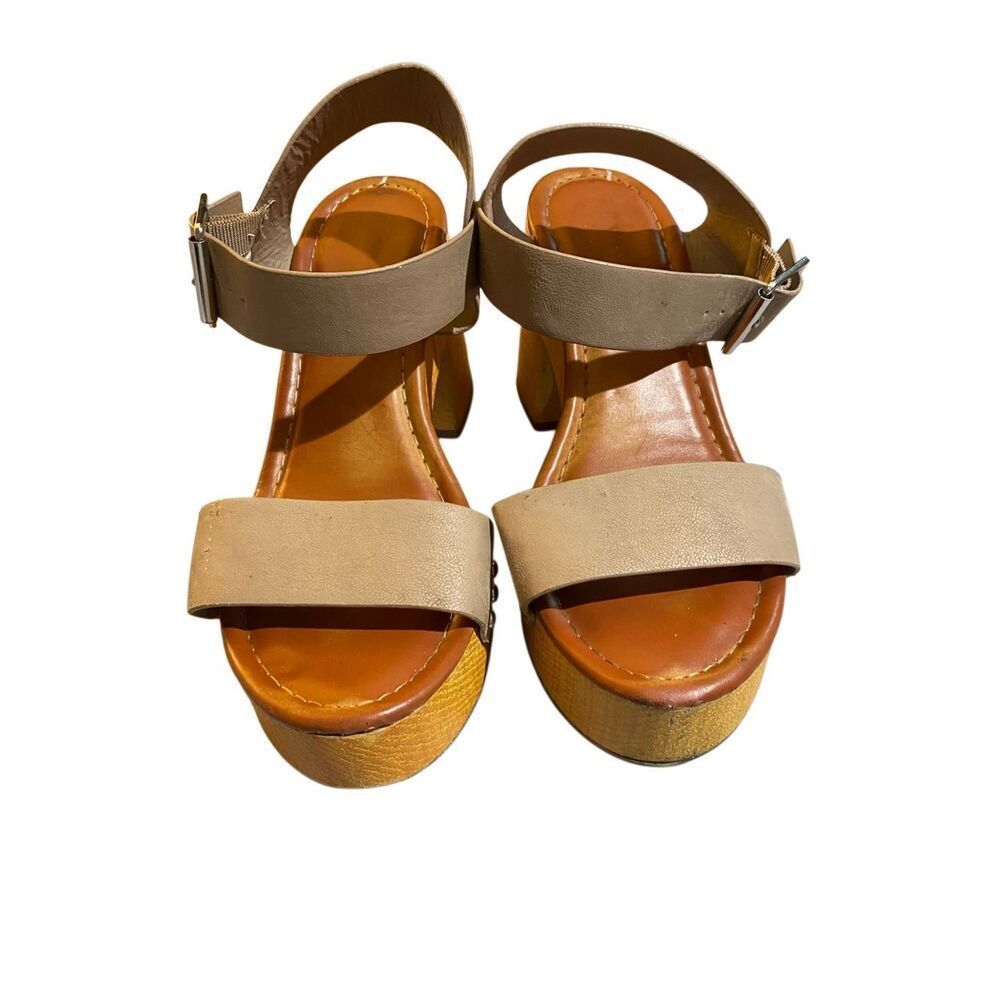 Mia platform brown faux wood retro Boho block heel 7.5 4 in